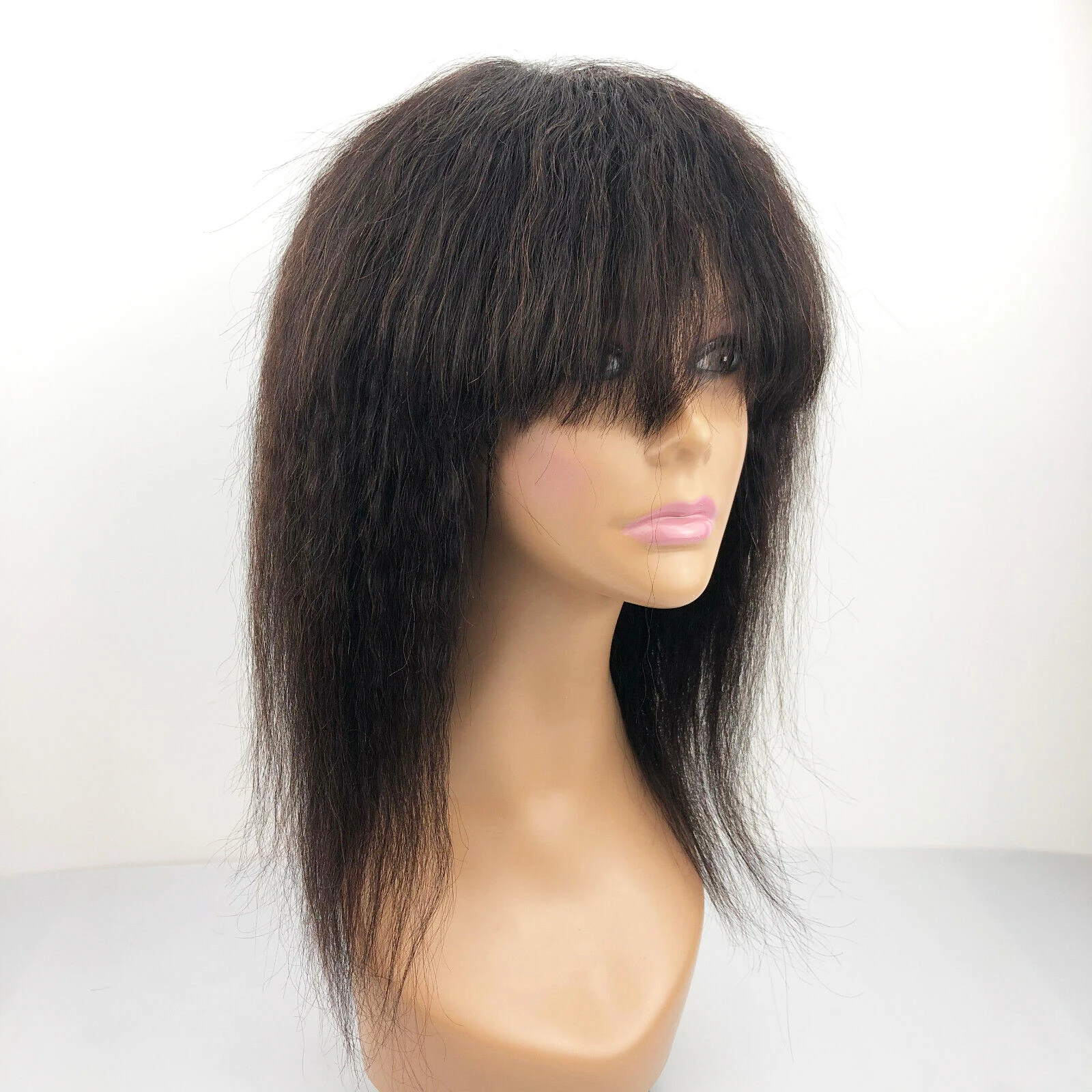 

Yaki Straight Human Hair Bob Wig with Bangs Brazilian Remy Hair Kinky Straight Bob Wig with Fringe Natural Black for Women