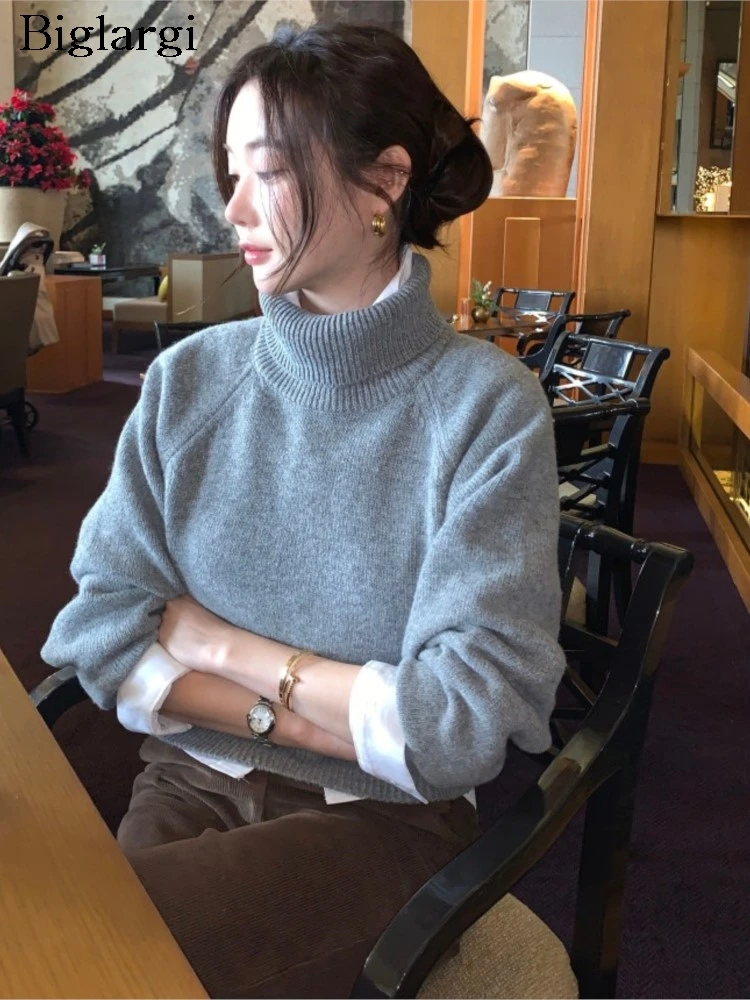 

Вязаный осенний пуловер с высоким воротником, женский свитер в корейском стиле, свободные повседневные женские свитера, модный женский свитер