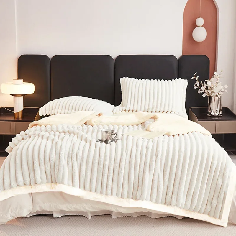 

1pc Weighted Sherpa Fleece Blanket -Soft, Warm Faux Rabbit Fur Softness, Beige & White Striped Contemporary Bedspread for Bed