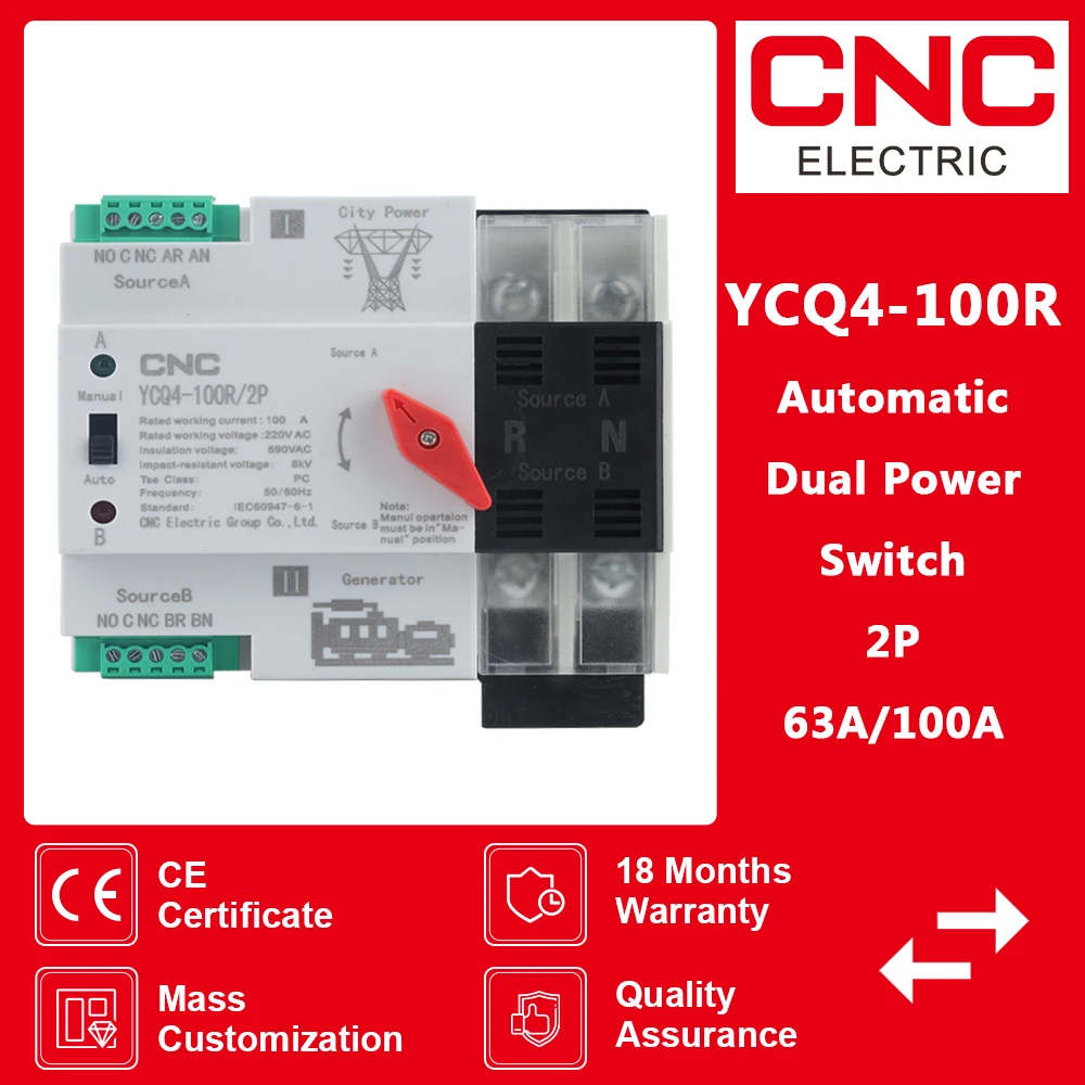 

CNC YCQ4-100R 2P Single Phase Din Rail ATS 220V Dual Power Automatic Transfer Electrical Selector Switches Uninterrupted