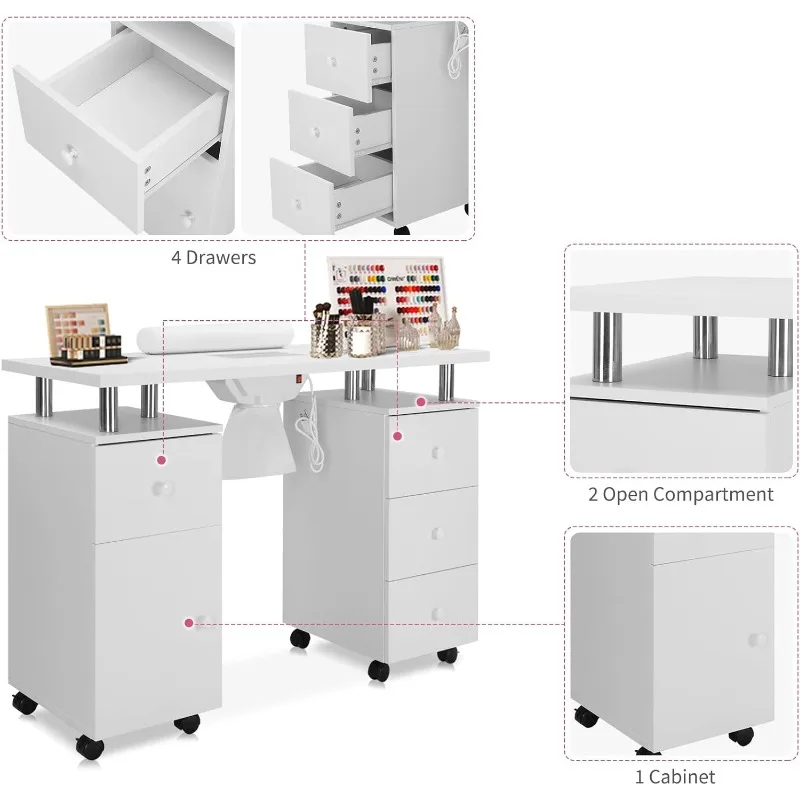 Manicure Table Desk for Nail Tech, Nail Table Station w/Electric Dust Collector, Nail Makeup Beauty Salon Storage Acetone