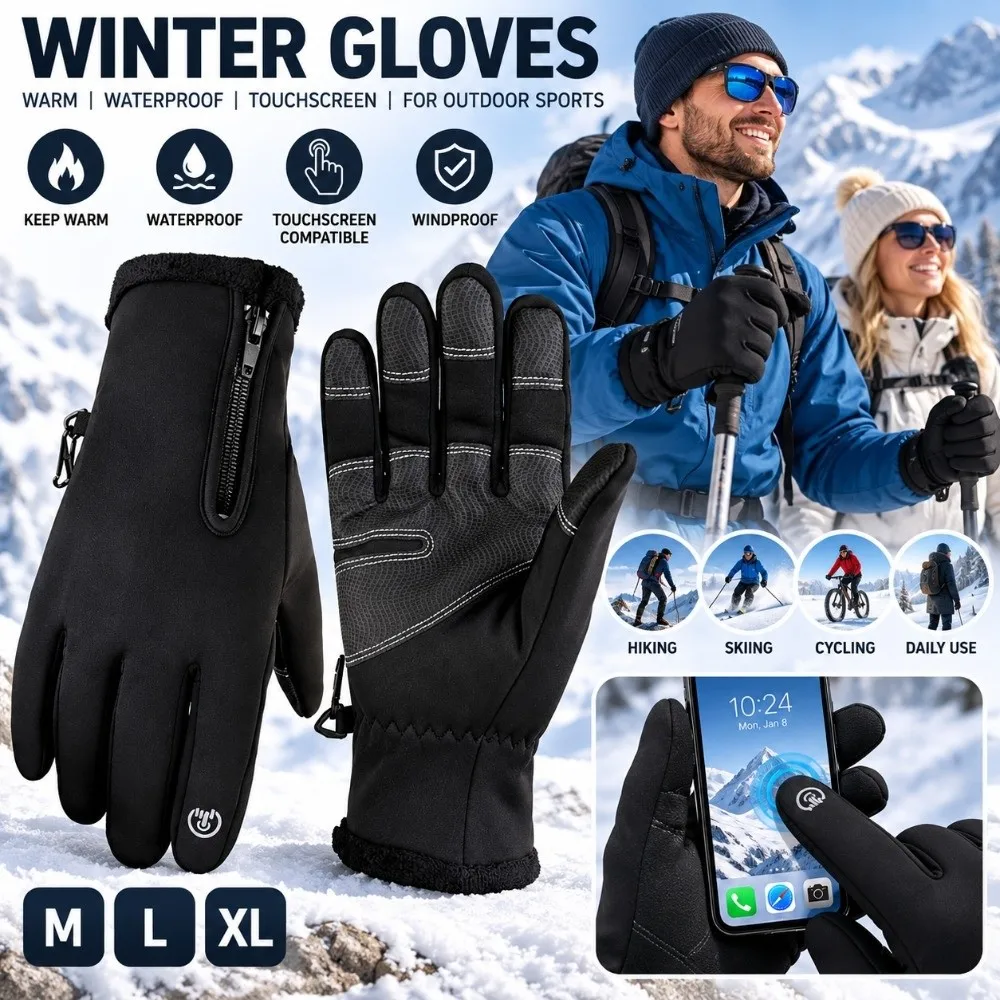 Waterproof Men's Black Winter Gloves with Zipper Windproof Thermal Cycling Gloves Non Slip Elastic Cuff Winter Sports Gloves