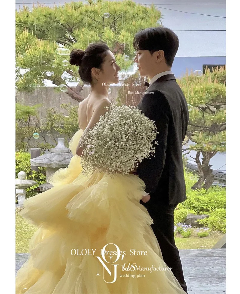 OLOEY 2023 Korea Yellow Long Prom Dresses For Wedding Engagement Strapless Tulle Tiered Ruffles Princess Bride Garden Gowns