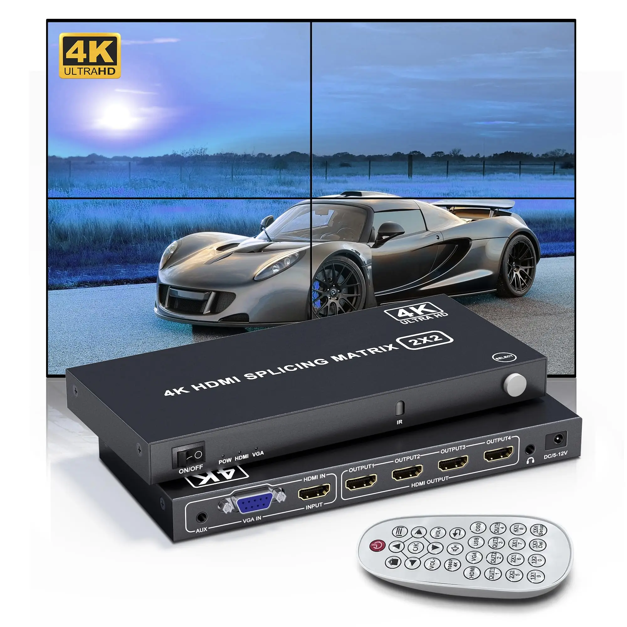 

2x2 4K Video Wall Controller, 4K UHD Video Wall HDMI Splitter TV Wall Processor for 4 TV Splicing Display, 8 Splicing Modes