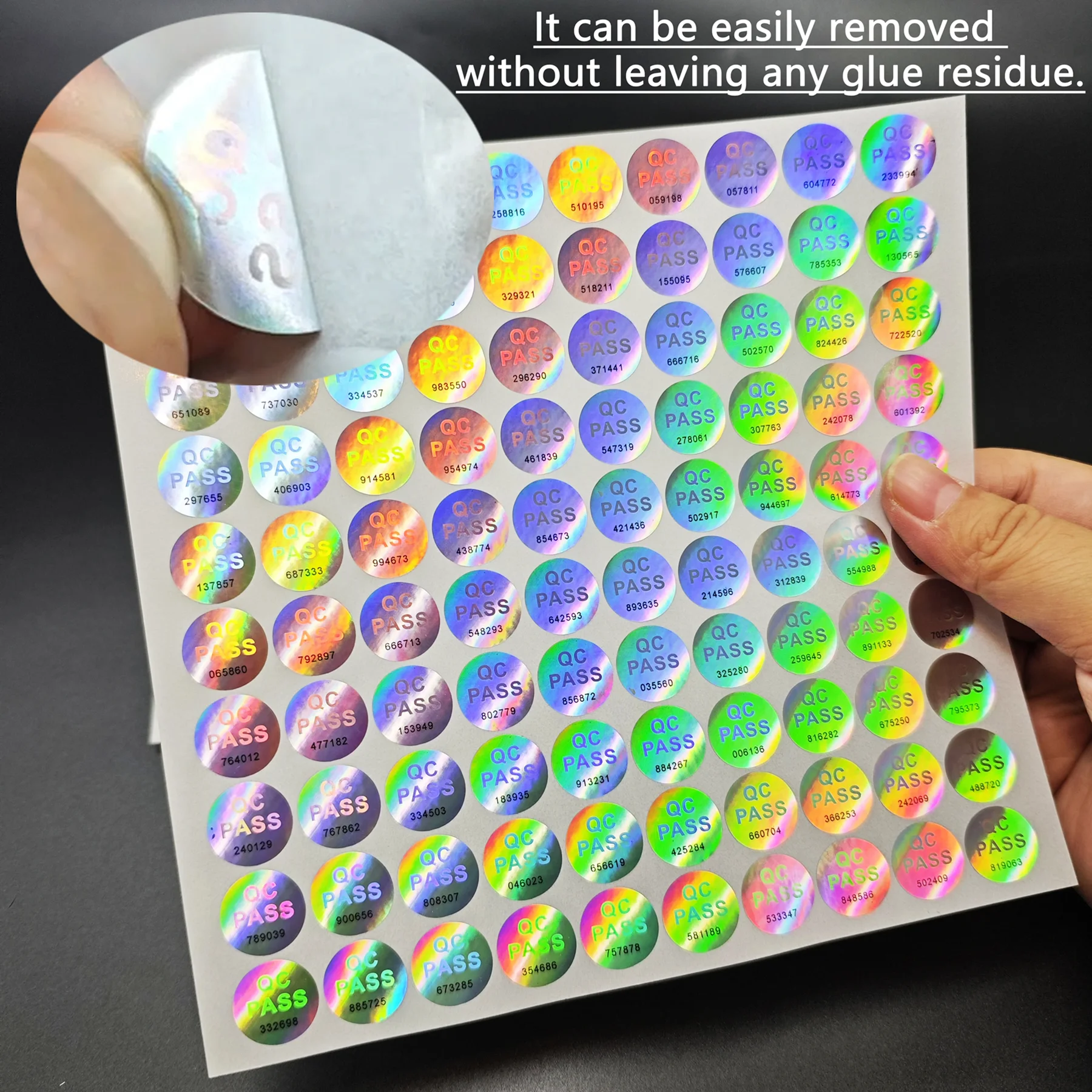 200/400 pezzi adesivi ologramma QC PASS con numeri casuali neri, adesivo rotondo laser lucido per ispezione di qualità garantita