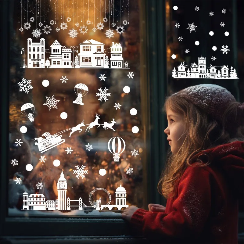 4 قطع/مجموعة من ملصقات ندفة الثلج البيضاء الثابتة مجموعة ملصقات زجاجية نافذة مركز التسوق لعيد الميلاد + ملصقات تزيين المنزل