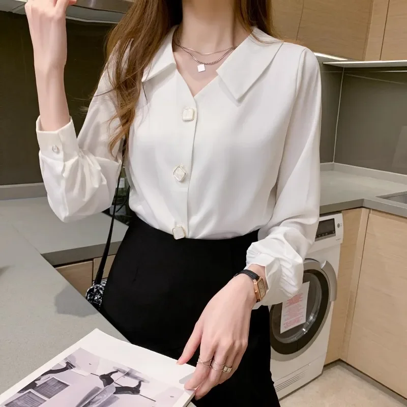 V-neck Long Sleeve Shirts Women Autumn Office Ladies Graceful Temperament Button Designed Chiffon Skin-friendly Korean Style