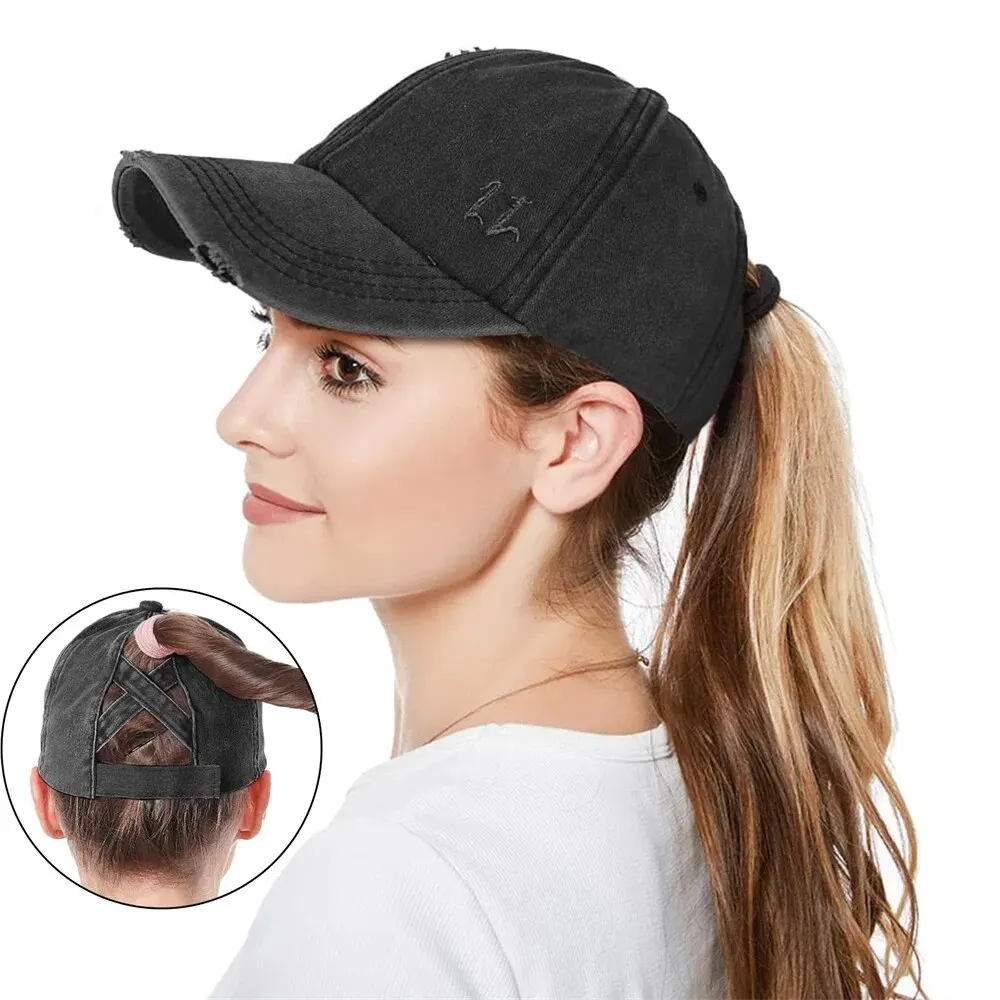 Sprana bawełniana czapka z daszkiem Vintage Women Hollow Out Ponytail Hat Outdoor Sports Female Visor Casual Sun Hat 1PC