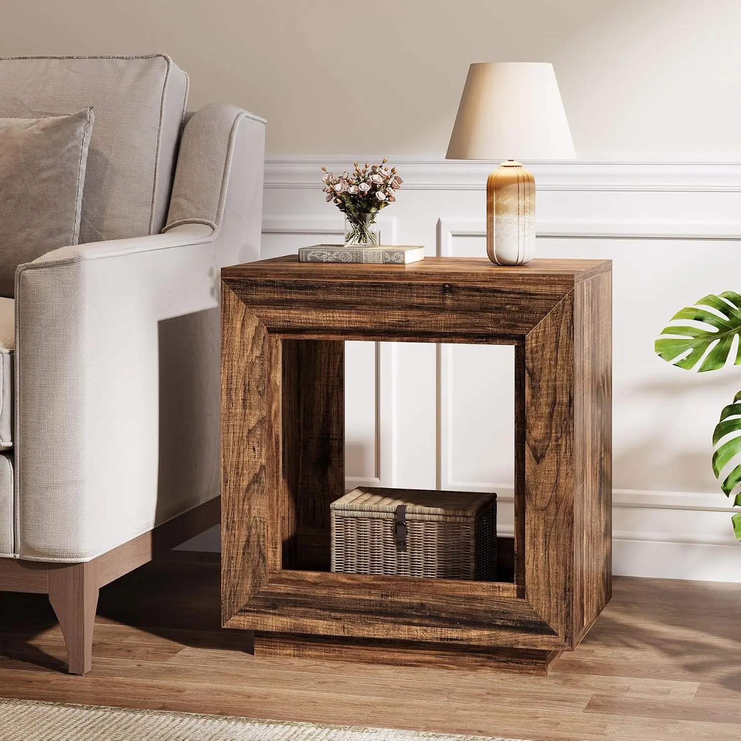 Rustic Brown End Table with Storage Shelf, Farmhouse Nightstand for Bedroom Living Room Entryway, 24 Inch, Customized