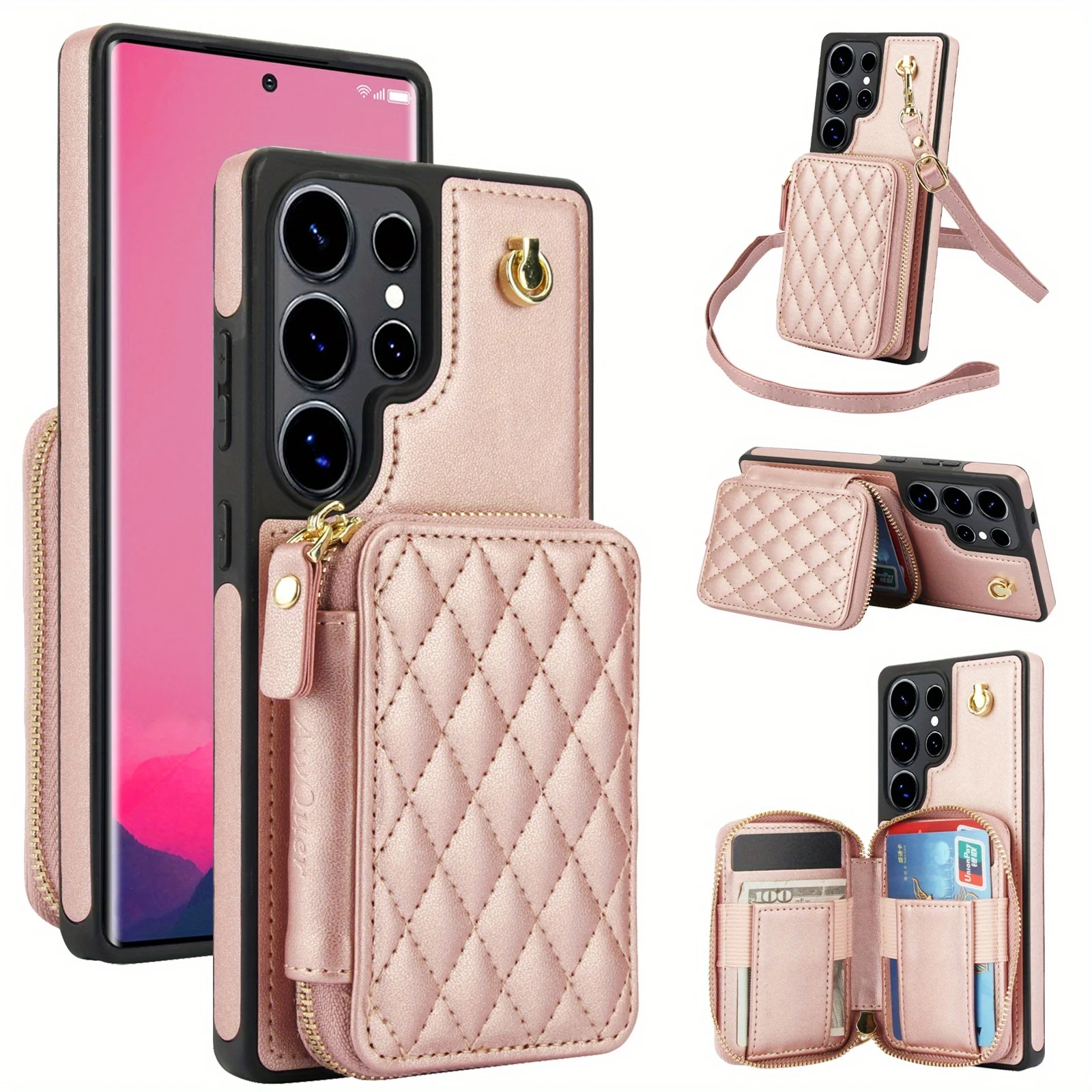 

Чехол-кошелек на молнии для Samsung S25 Ultra S24 Plus S23 A16 A55 A15 A35, кошелек через плечо с блокировкой RFID и отделениями для карт, ремешок на запястье