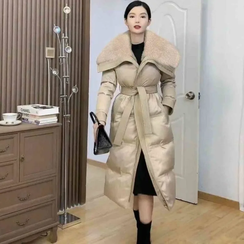 大きな襟のウエストダウンジャケット レディース 冬新作 韓国風 厚手 ゆったり ロング丈 膝丈 ホワイトダックダウンジャケット 上品 通勤