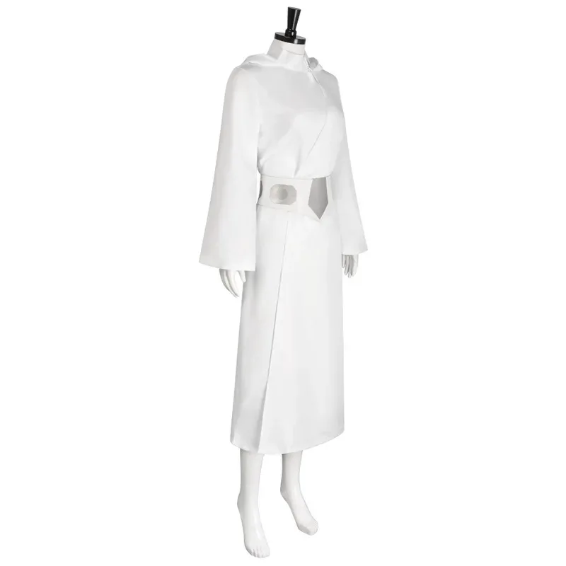 

Princess Cosplay Costume Space Battle Star Leia White Dress with Belt for Women Classic Roleplay Outfit Halloween Party hh: