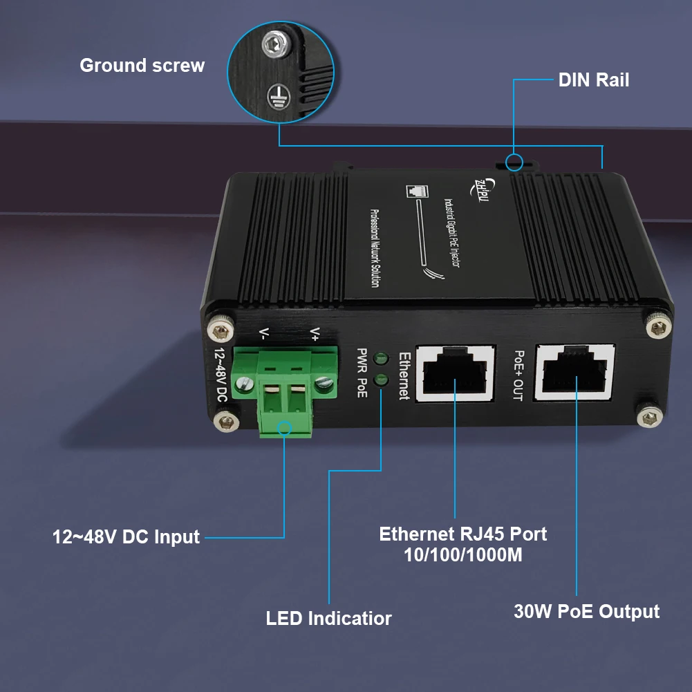 Mini Industrial Gigabit PoE Injector with 12-24V or 12-48V Input, 24V or IEEE802.3at 48V PoE Output, DIN- Rail/Wall Mount