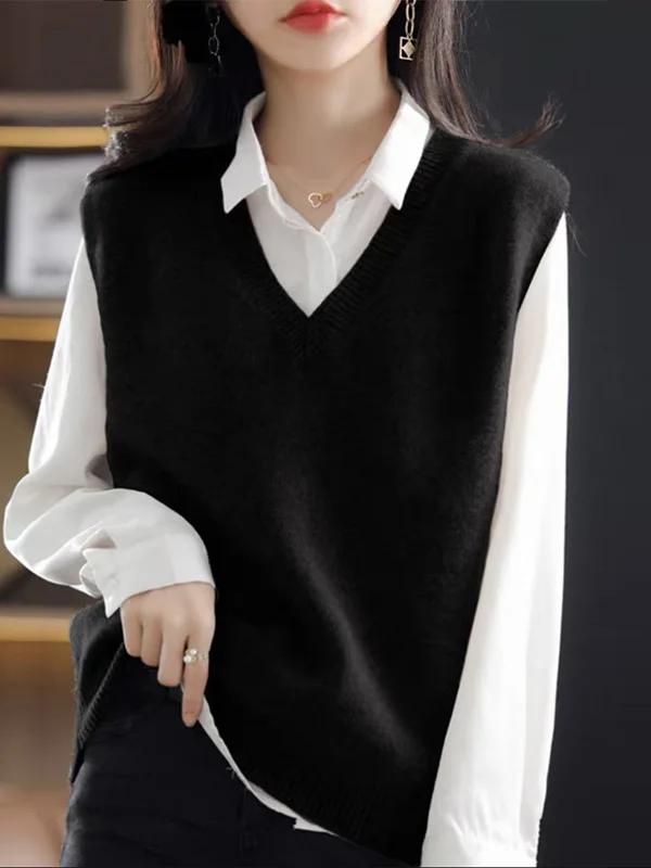 

2026 New Knitted Sweater Vest Women's Overlap Shoulder Large Size Sweater Vest Black Layering Sleeveless Top Autumn Winter Thick
