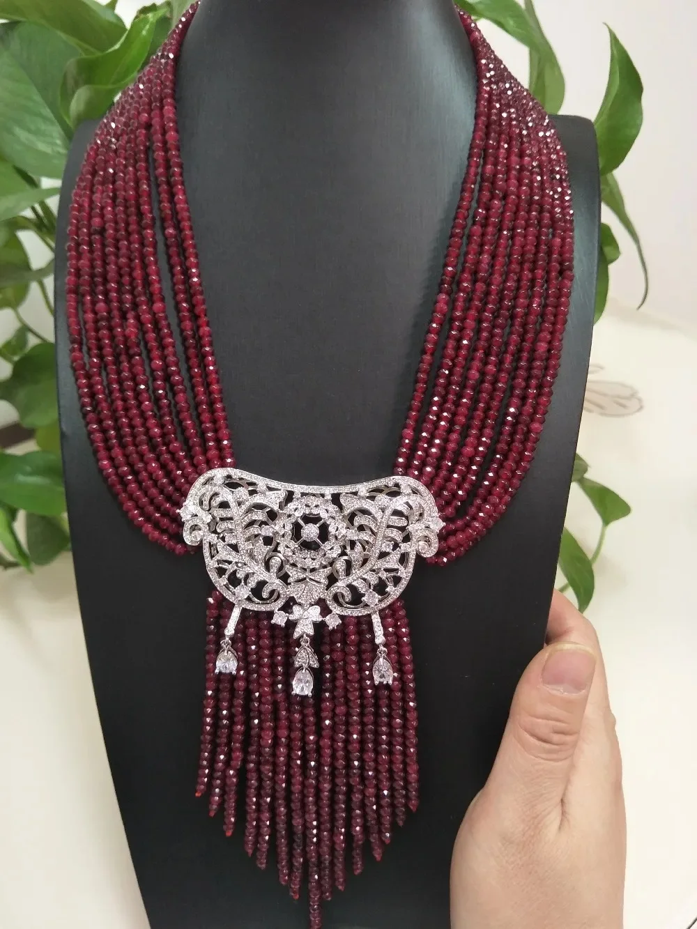 

9 Rows Natural Red Jade Micro Inlay Zircon Pendant Tassel Necklace