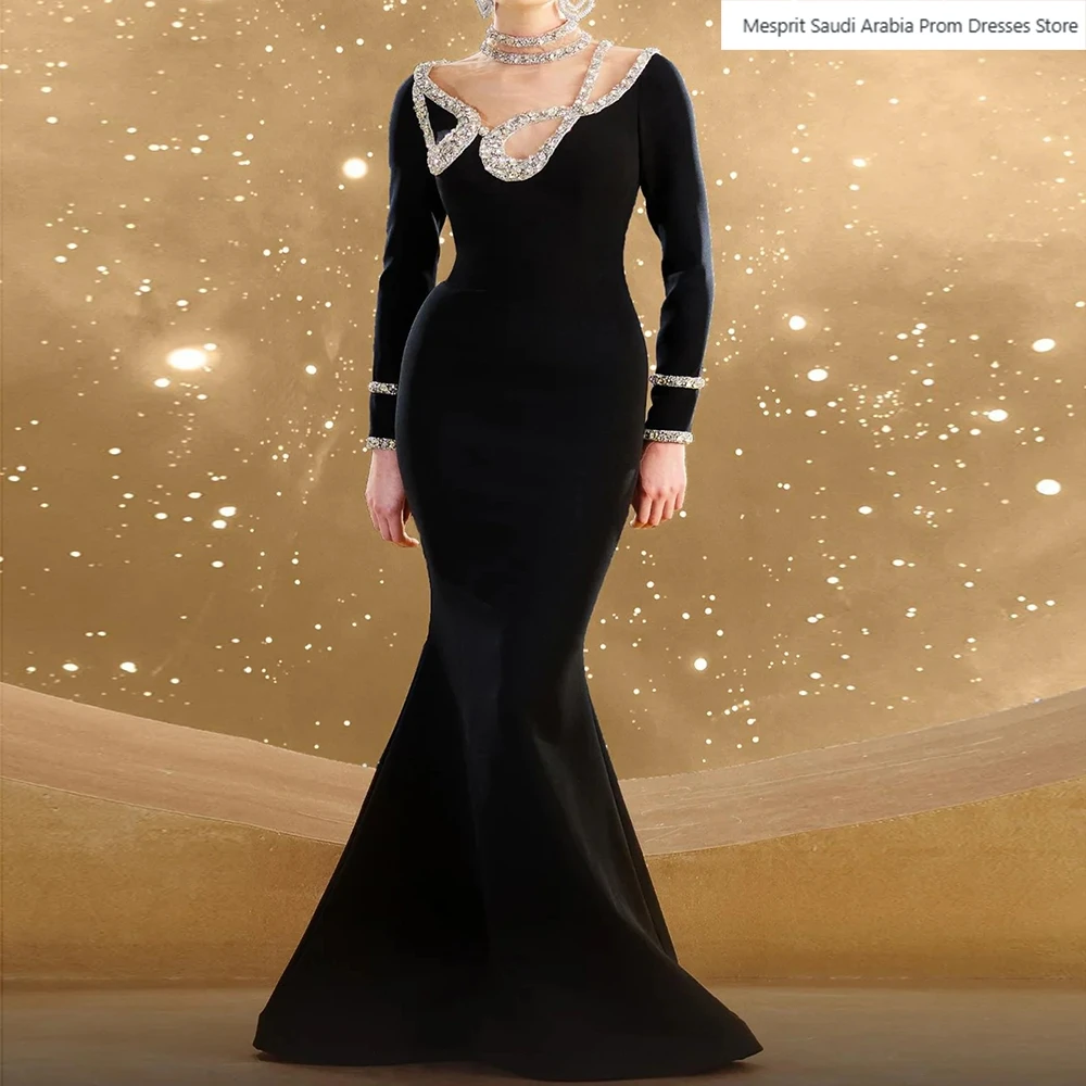 

Black Mermaid Women's Evening Dresses Floor-length High-neck Full Sleeve Prom Gown Fashion Crystal Draped Customized Gowns
