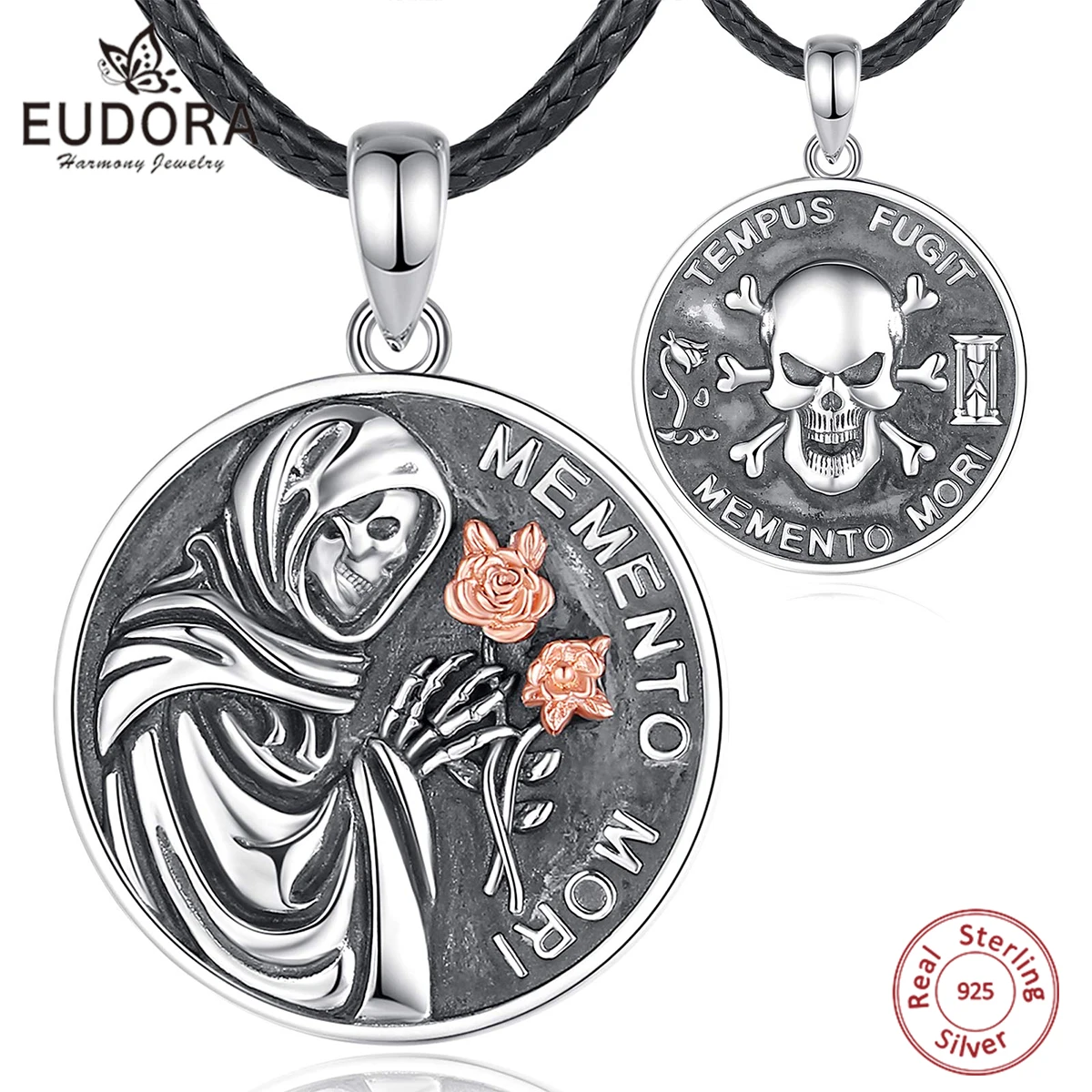 Eudora 925 Sterling Silver Memento Mori coin Necklace for Women Man Personality Skeleton Pendant halloween Jewelry Fine Gift