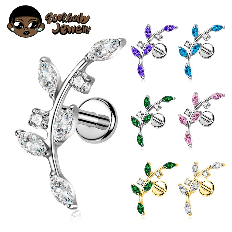 ASTM F136 Titanium CZ Leaf Ear Piercing Cartilage Tragus Helix Conch Earring Lip Studs Nose Ring Internal Thread Labret Rings
