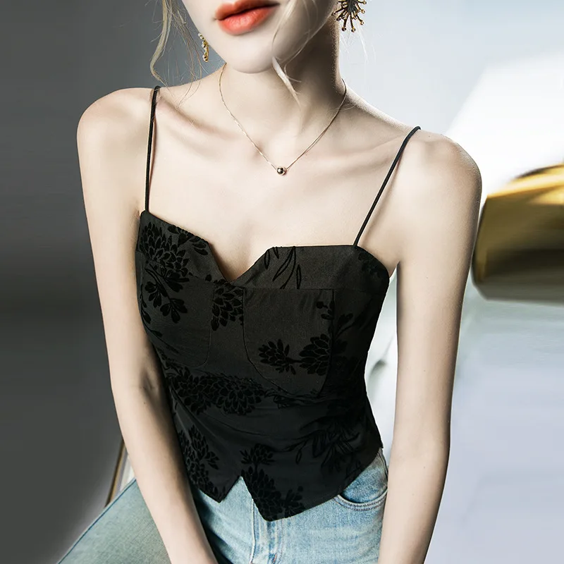 Boweylun Ultra Short Retro Print Camisole Women Summer Skin-friendly Breathable Flocking Gauze Inner T-Shirt Female