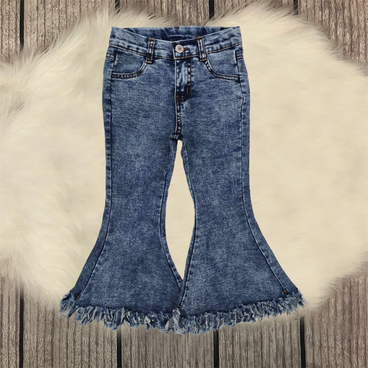 

Hot Sale Baby Girl Tassels Zipper Bell Bottom Denim Pants Trousers Pocket Washed Blu Children Jeans Toddler Kids Infant