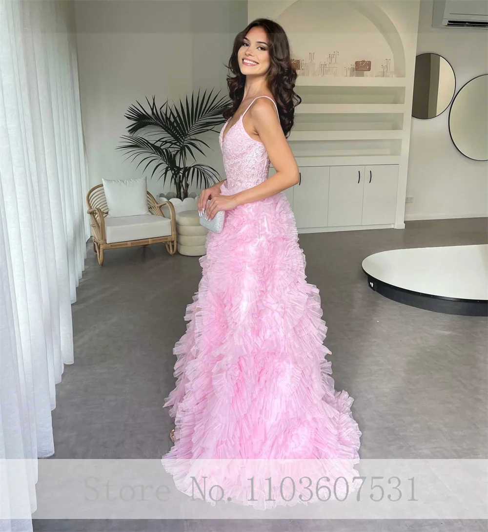 Pink V-neck Spaghetti Straps Formal Prom Dress Lace Ruffles A-line Court Prom Club Gown with SIde Slit vestidos novias boda