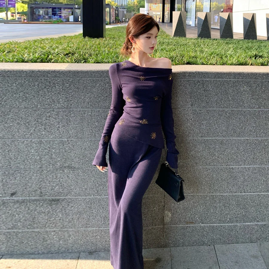 

European Korean Style Women's Fashion Set Sexy Long Sleeve Irregular Collar Slim Fit Top And Half Skirt Two Piece Suit