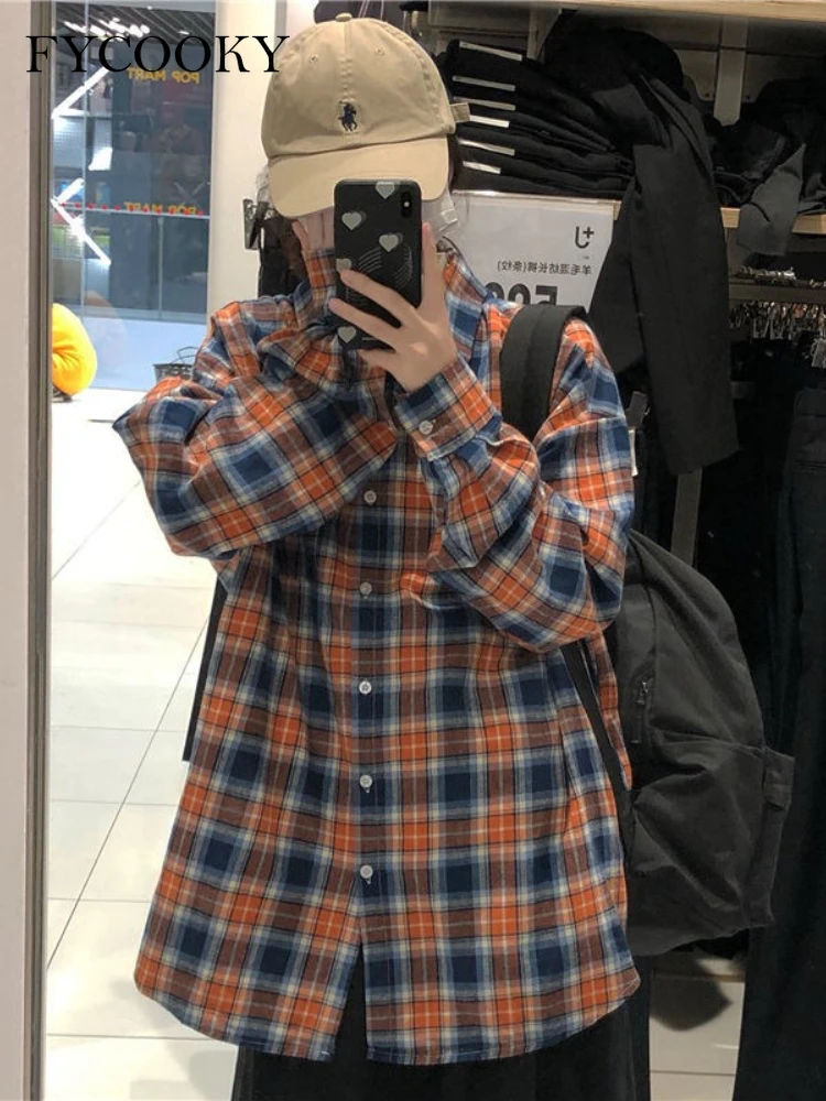 

New Japanese Vintage Style Loose Long Sleeved Shirt for Women Spring and Autumn Plaid Shirts Woman