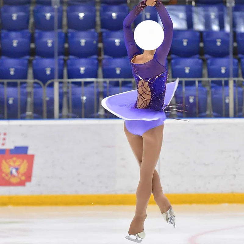 Vestido de patinaje artístico con borla de diamantes de imitación hecha a mano, gradiente púrpura para mujeres y niñas, ropa de patinaje de