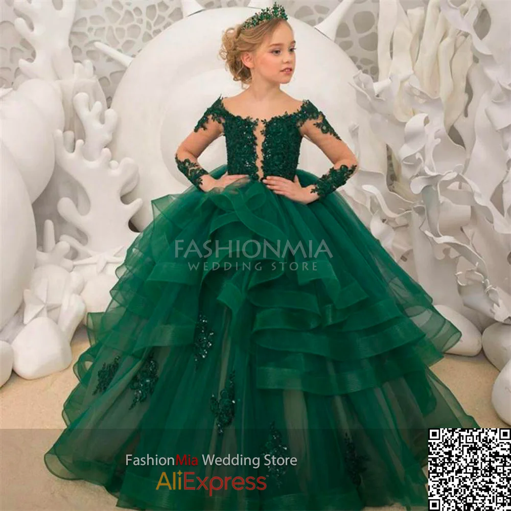 FashionMia Gorgeous Green Flower Girl Dresses Scoop Neck Appliqued Beaded Long Sleeve Pageant Gowns Ruffle Tiered Sweep Train