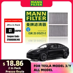 For Tesla Model 3 Model Y EV MANN FILTER CUK25015/21-2 2PCs Activated Carbon Built-in Cabin Filter 1107681-00-A 1107681-00-B