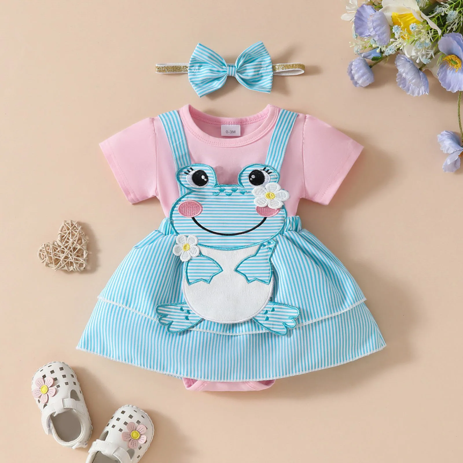 

Infant Girls Short Sleeve Cartoon Romper Newborn Bodysuits Dress Headbands Outfits Leotard For Toddler 2024 Hot Selling Outfit