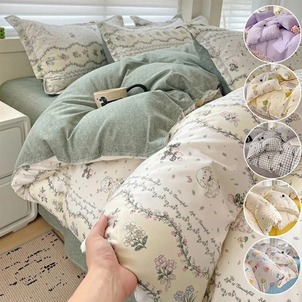 Ins Style Bedding Set Girl Boys Hotel Home Bed Linens Simple Soft Duvet Cover Set with Bed Flat Sheet Quilt Cover Pillowcases