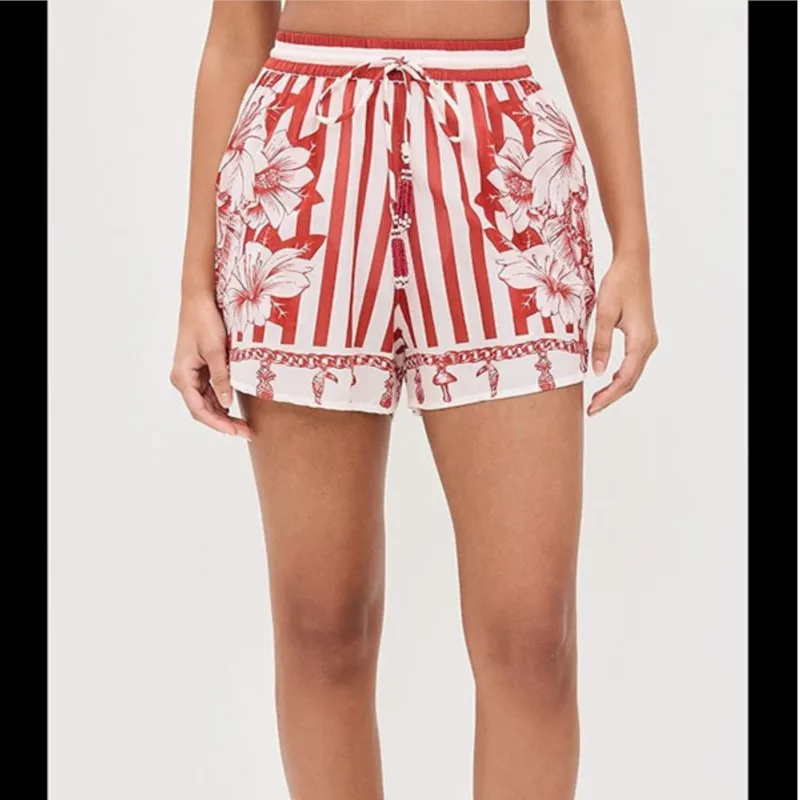 ファッション花柄ストライププリントショートパンツセット レディース カジュアル バットウィングスリーブ ルーズシャツ ハイウエスト レースアップパンツ ビーチ ホリデー ツーピースセット