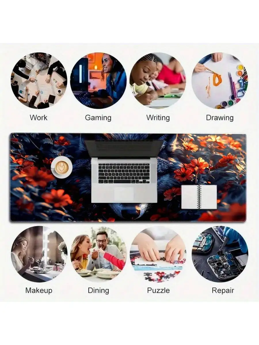 Extra Large Gaming Mouse Pad With Wolf And Floral Design Non-Slip Stitched Edges Rubber Base For Desk