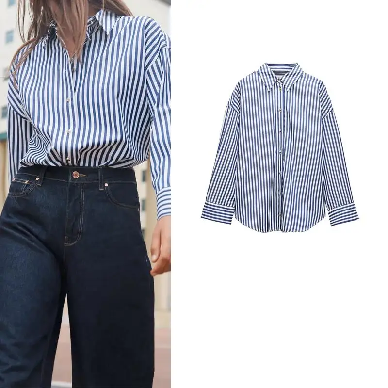 Autumn Winter New Arrival Women's Casual Loose Long Sve  Collar Striped irt Versatile Basic Fit for Young Women 25-29