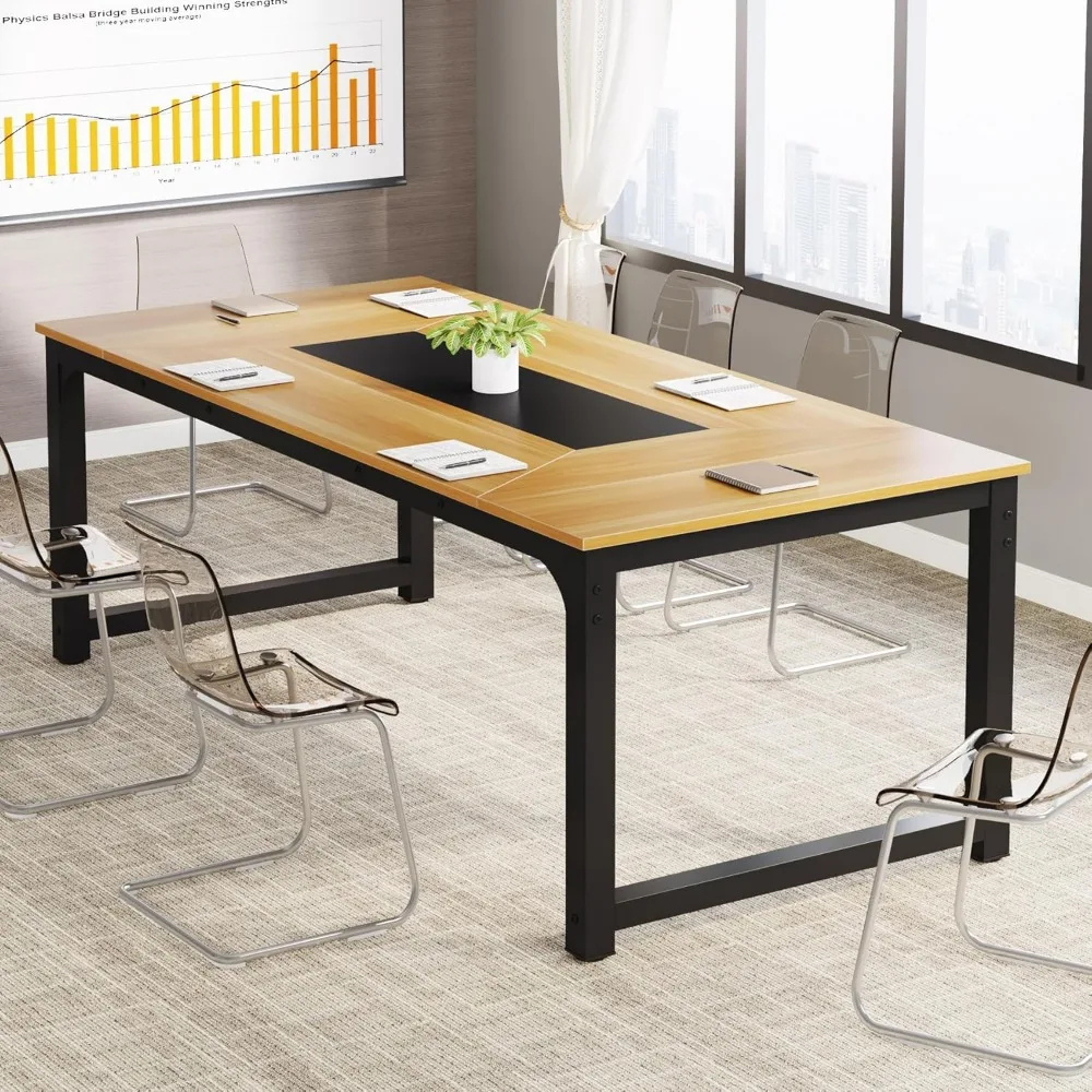 Mesa de conferência retangular, mesa de reunião, nogueira/preto, tamanho de 7l x 39,4 w x 30,3 h