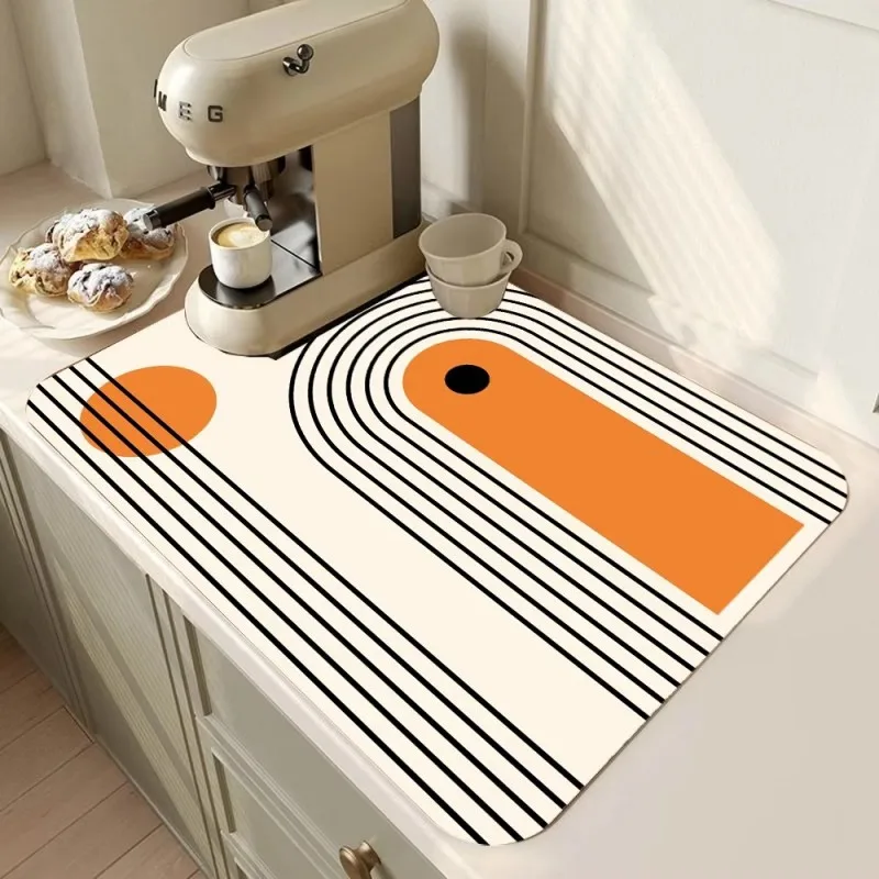 VIKAMA Nordic Abstract Line Dish Drying Mat for Sideboard & Sink Counter, Quick Dry & Non Slip Home Storage Linen Mat