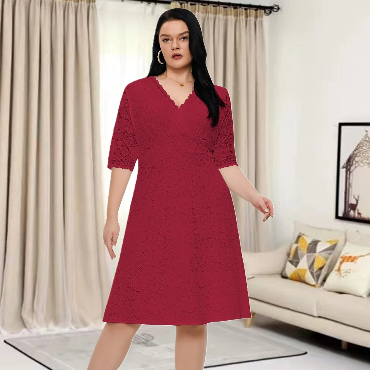 Plus Size New Arrival Half Sleeve V dekolt czerwony kolor formalna wieczorowa koronkowa eleganckie sukienki dla kobiet Midi