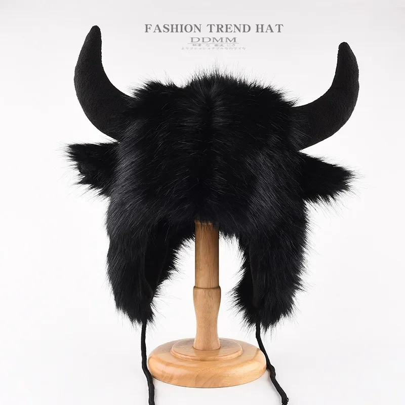 Unisex Winter Black Horn Furry Warm Ear Flap Hat Windproof Cold Weather Cap