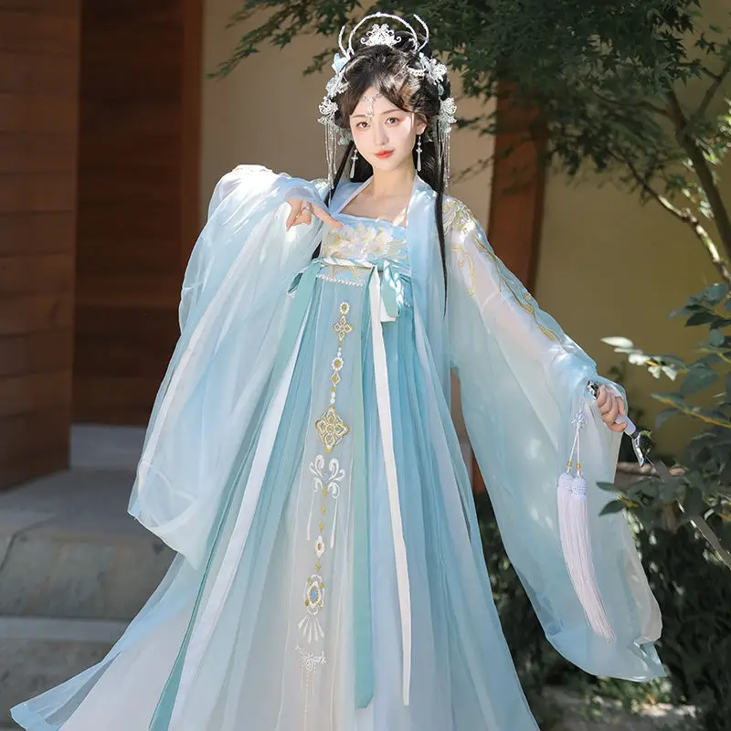 Vintage Blue Hanfu Women's Chinese Traditional Stage Dance Dress Elegant Princess Fairy Cosplay Costume Set Female Outfits