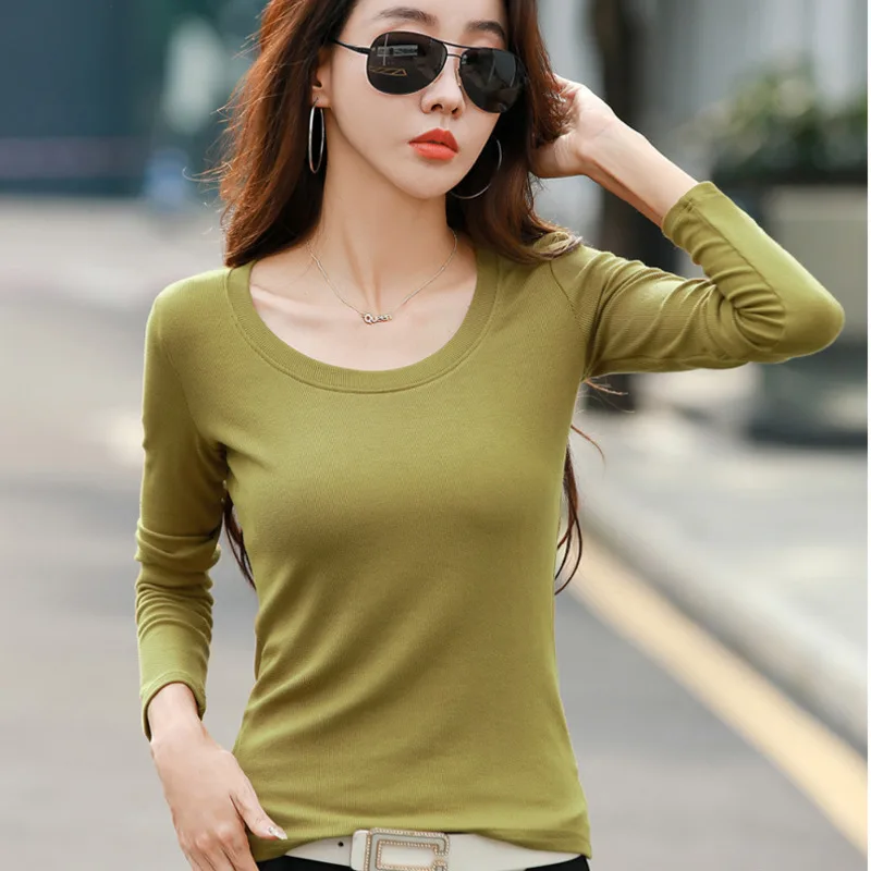 

#0313 Spring Autumn Long Sleeve T Shirt Women O-neck Casual Solid Color Skinny T-Shirt Femme Model Elastic Cotton Woman T Shirt