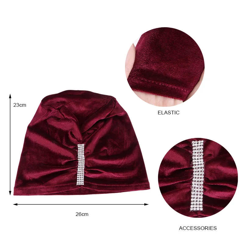 Winter Velvet Diamonds Turban Cap For Women Muslim Headscarf Bonnet Elastic Female Chemo Cap Hair Loss Bandana African Head Wrap