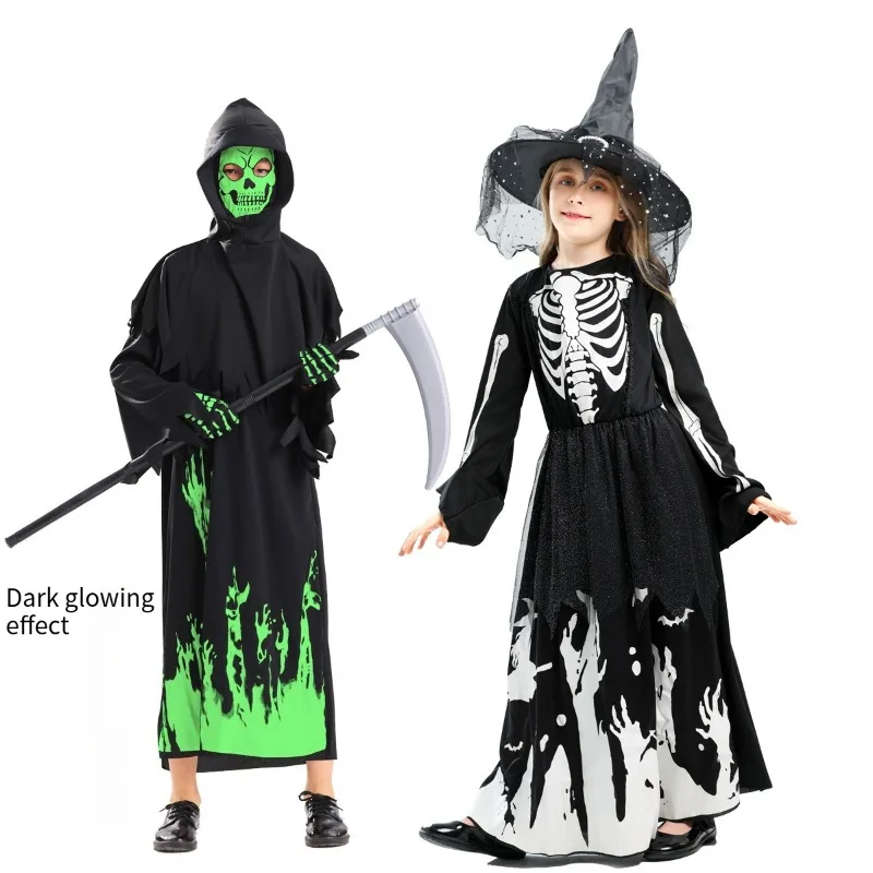 جديد ليلة ضوء الموت ريبر المنجل الأطفال الساحرة الديكور الأسود أنثى تأثيري الساحرة هالوين زي