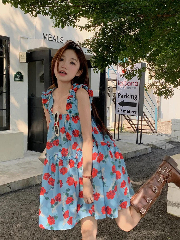 

French First Love Wooden Ear Floral Strap Dress Summer Seaside Vacation Sanya Beach Skirt Little Man