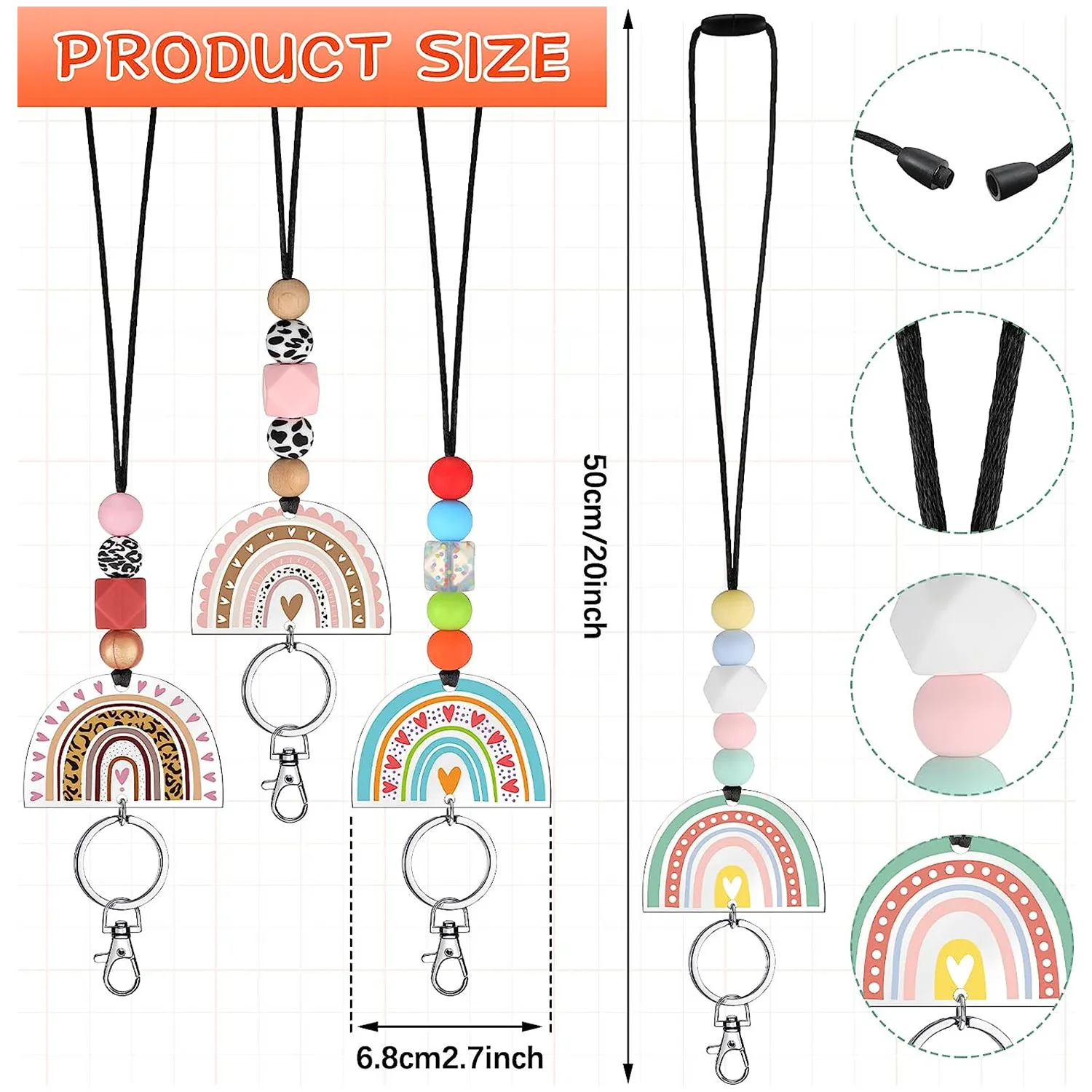 Teacher Id Badges Keys Cute Silicone Beaded Lanyards Acrylic Boho Rainbow Badge Keychain for Nurses Women Girls Students Gifts