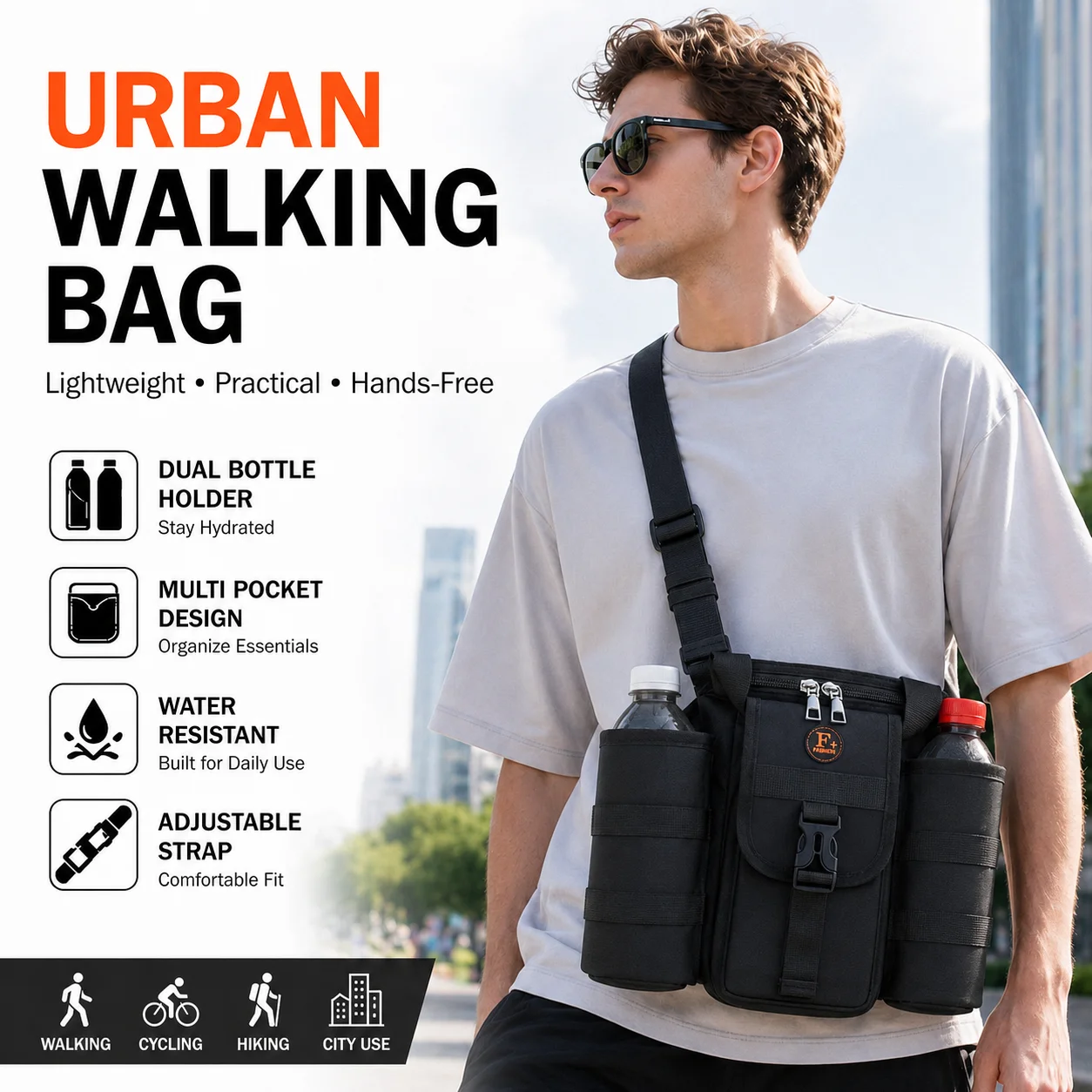 Hiking Crossbody Bag Cycling Bag Dual Bottle Holder Multi Pocket Shoulder Bag for Urban Walking Travel EDC Chest Pack