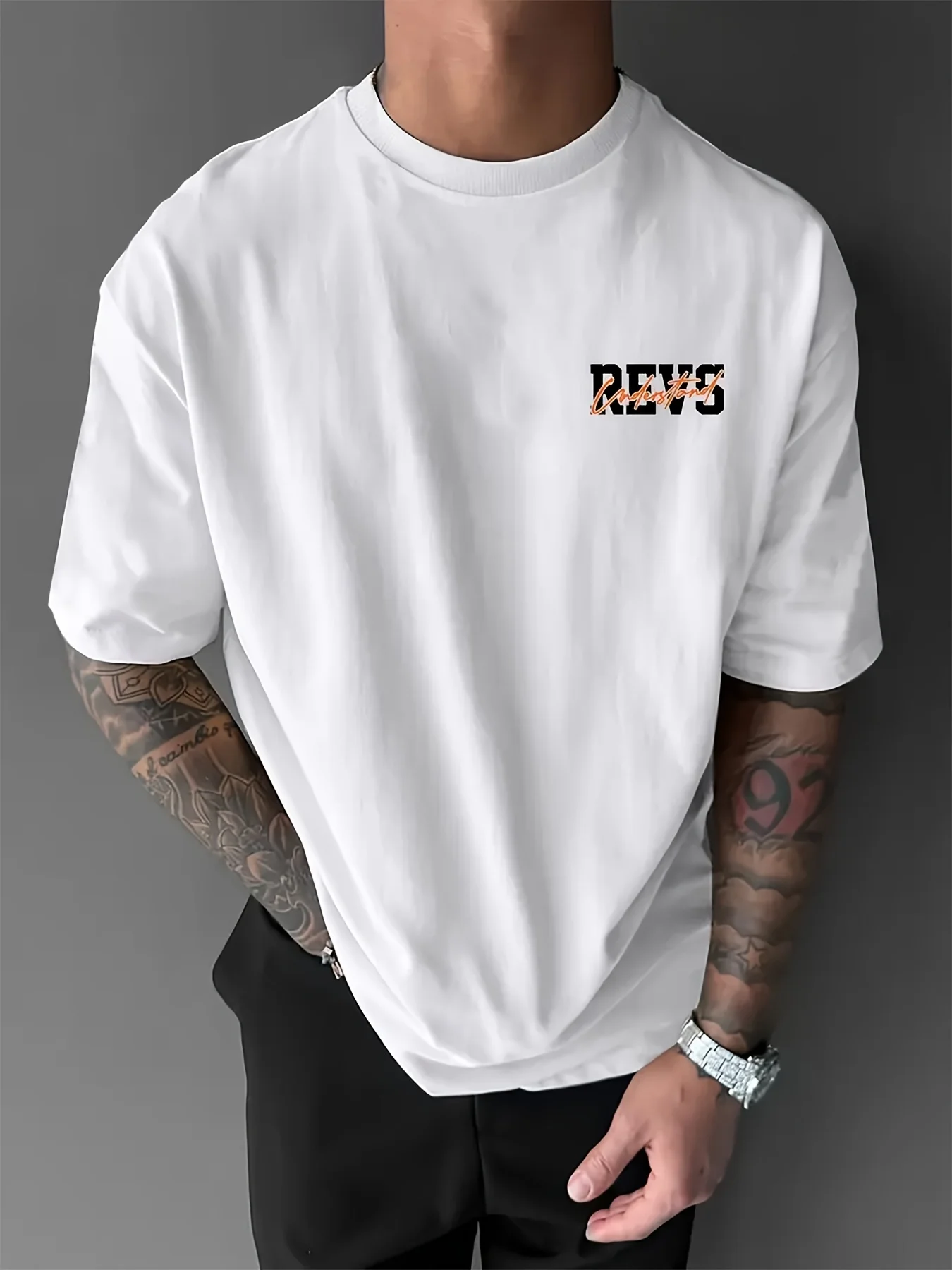 Orange Sports Car Graphic with REVS Text Print on Premium Soft 100% Cotton Men T Shirt Perfect for Summer Urban Streetwear Style