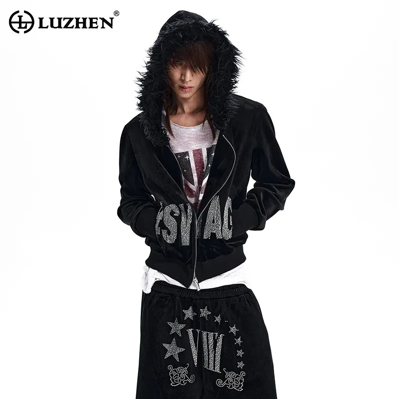 LUZHEN 2026 New Trendy Diamond Patchwork Pattern Faux Fur Hooded Coat Men's Handsome Loose Straight Casual Pants Clothes JY9100
