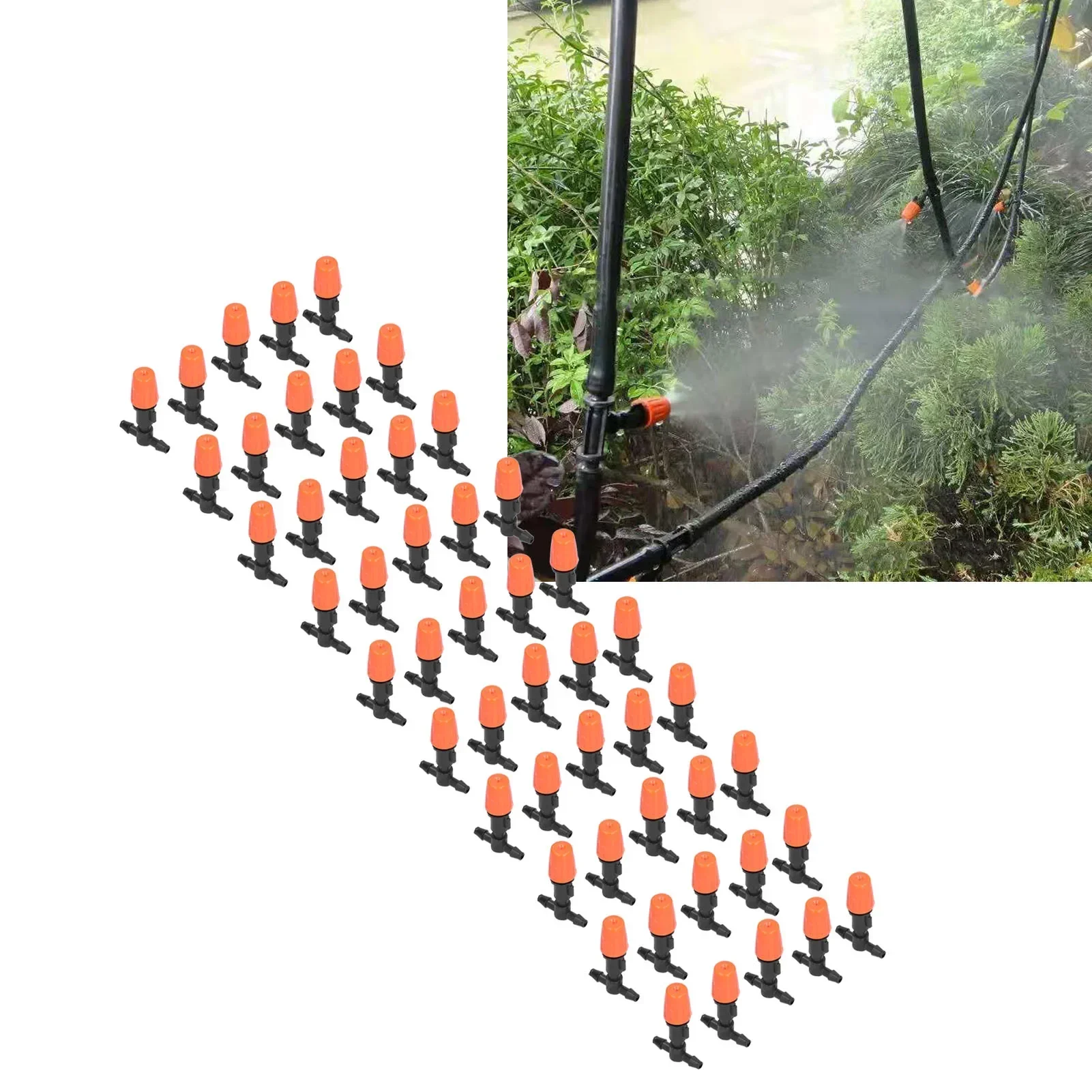 50-Pack 4/7 Hose Adjustable Nozzles, Orange Micro Sprayers with Tee Fittings, Water-Saving for Gardens & Greenhouses