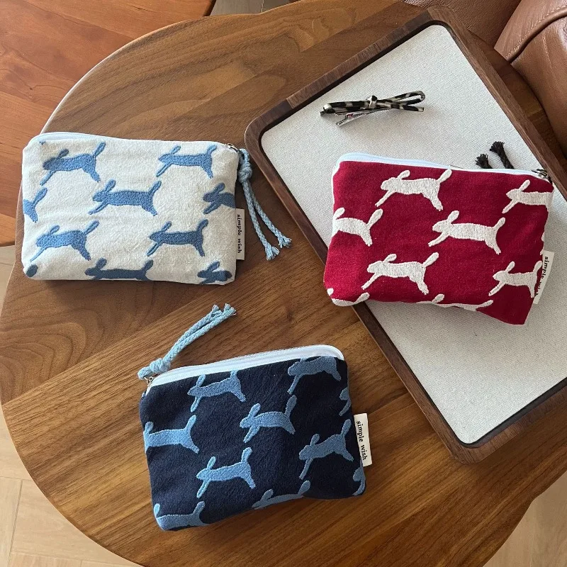 Embroidered Rabbit Cotton Linen Small Pouch Coin Wallet Card Case Lipstick Card Key Holder Organizer Bag Vintage Artistic Purse